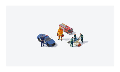 Emergency response team with vehicles and patient on white © tere