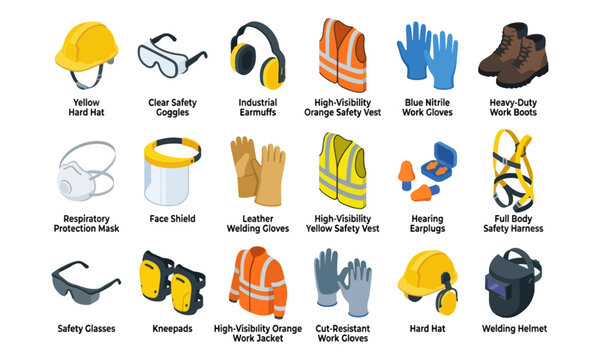 Industrial Safety Equipment PPE Icons Set for Construction Work