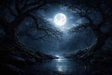 Fototapeta premium Serene night scene featuring a radiant moon illuminating twisted branches