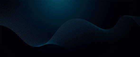 Abstract dark blue wide vector background with glowing blue wavy lines. © Yuyud