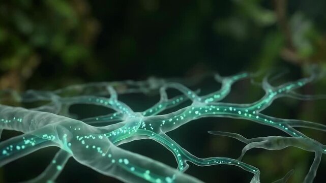 Close-up view of glowing neural connections with vibrant blue particles in a dark organic environment