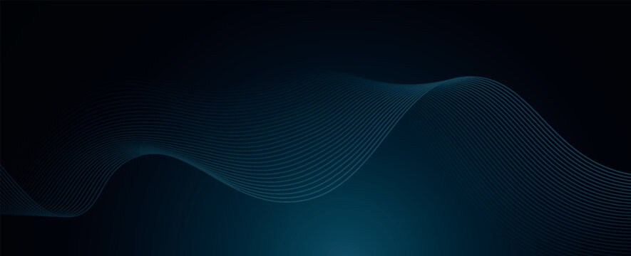 Abstract dark blue wide vector background with glowing blue wavy lines.