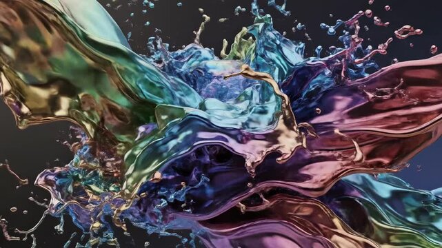 Dynamic iridescent liquid cascades and splashes intertwine, creating a vibrant, swirling vortex of multi-colored metallic fluid against a dark, atmospheric backdrop, suggesting motion