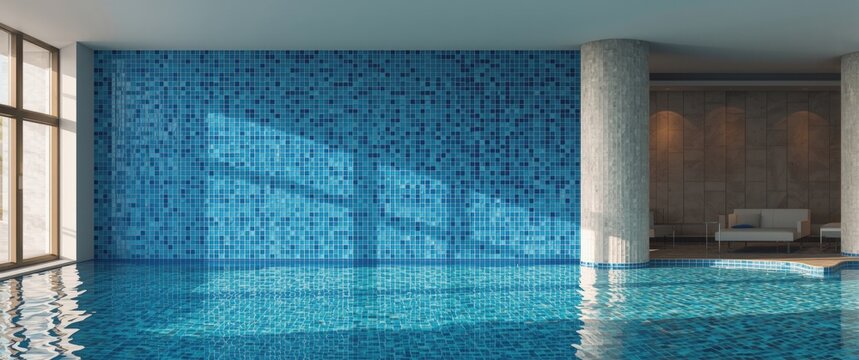 Blue Glazed Tile Wall Mural in Swimming Pool Lounge Bright Interior, Calm Atmosphere, Wide Angle