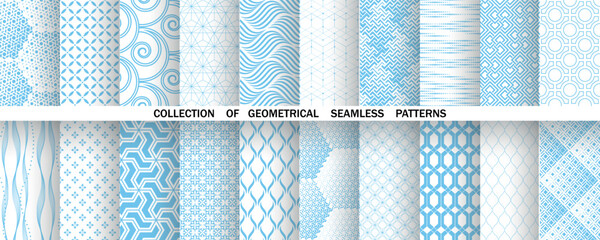 Obraz na płótnie Canvas Geometric set of seamless blue and white patterns. Simple vector graphics