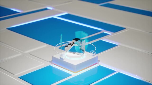 Cloud storage icon with flowing data streams rotates on a glowing blue high-tech pedestal with holographic ring. Perfect for cloud computing, data center, backup, server, big data, and SaaS content.