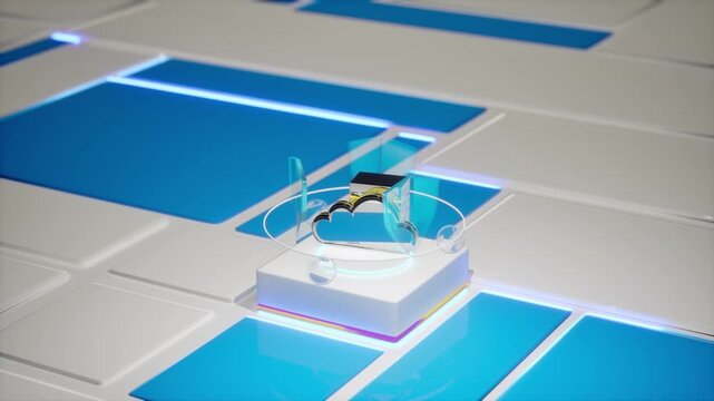 Cloud storage icon with flowing data streams rotates on a glowing blue high-tech pedestal with holographic ring. Perfect for cloud computing, data center, backup, server, big data, and SaaS content.