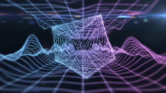 Illuminating a luminescent geometric structure composed of intricate glowing lines, enveloped by shimmering, undulating wave patterns conveying digital flow and futuristic data visualization