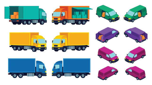 Isometric trucks and vans collection colorful vector illustration