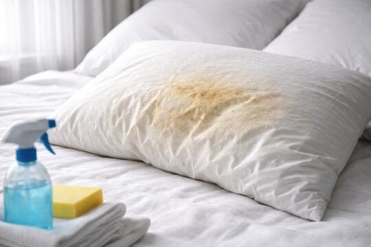 White bed with a dirty pillow in close up view emphasizing cleaning with copy space