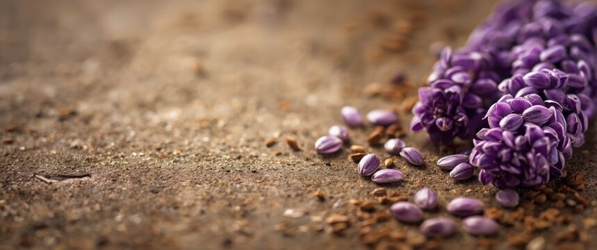 Clear copy space with clusters of hyacinth bean seeds on textured surface