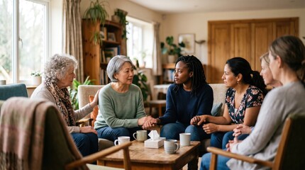 Fototapeta premium Diverse group of women holding hands and supporting each other in a living room.