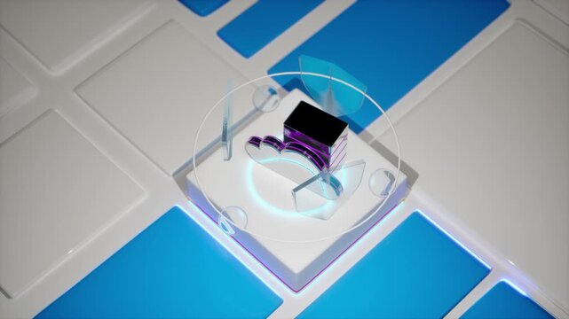 Cloud storage icon with flowing data streams rotates on a glowing blue high-tech pedestal with holographic ring. Perfect for cloud computing, data center, backup, server, big data, and SaaS content.