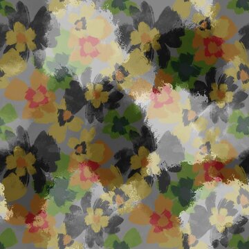Abstract Digital Painting Watercolor Ditsy Flowers and Leaves Seamless Camouflage Pattern with Tie Dye Batik Background