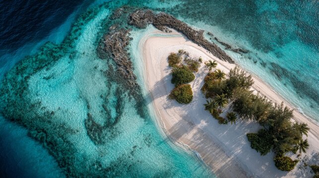 Aerial view of a pristine tropical island. Sandy beach meets turquoise water, fringed by coral reefs and lush greenery