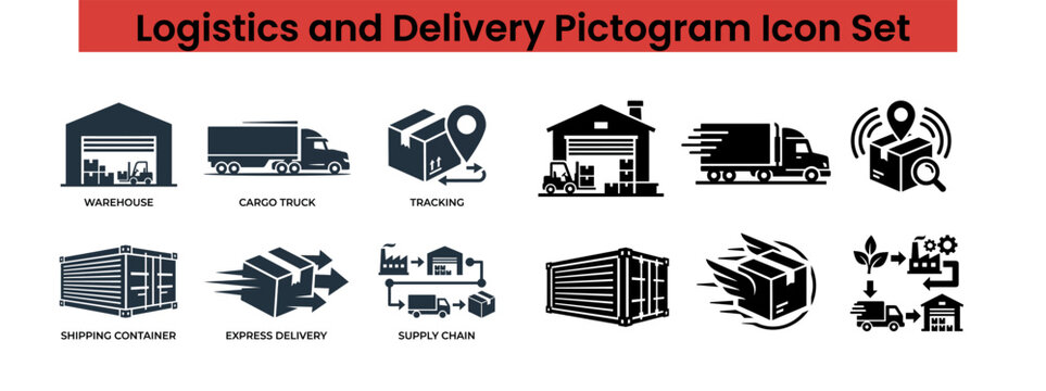 Logistics and delivery service pictogram icons set for shipping and transport.