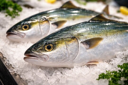 Fresh amberjack fish exhibit glossy scales and alert eyes on ice surface