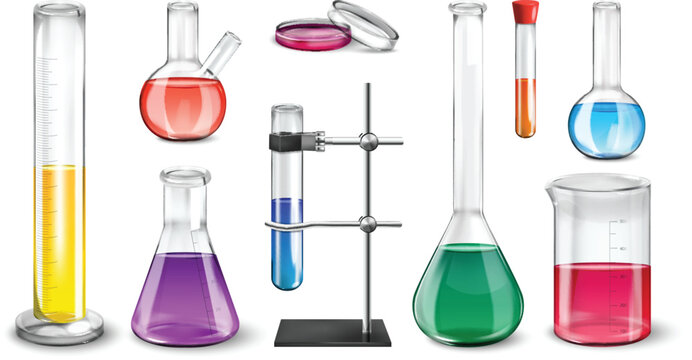 Scientific research equipment with graduated cylinder beaker and laboratory flask containers vector