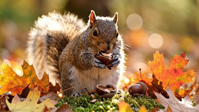 Eastern Gray Squirrel Eating Nut in Autumn Forest