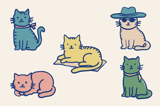 Naive Mediterranean Cats Illustration Set, Cute Italian Summer Feline Characters with Retro Coastal Colors