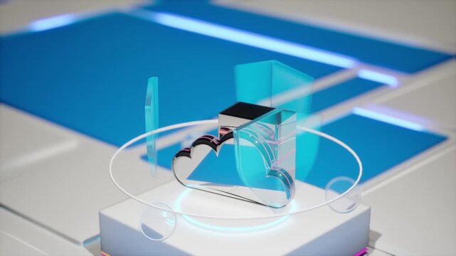 Cloud storage icon with flowing data streams rotates on a glowing blue high-tech pedestal with holographic ring. Perfect for cloud computing, data center, backup, server, big data, and SaaS content.