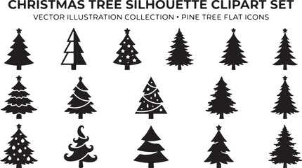 Fototapeta premium Vector New Year set with christmas trees. Evergreen trees with balls, stars and garlands. Fir trees