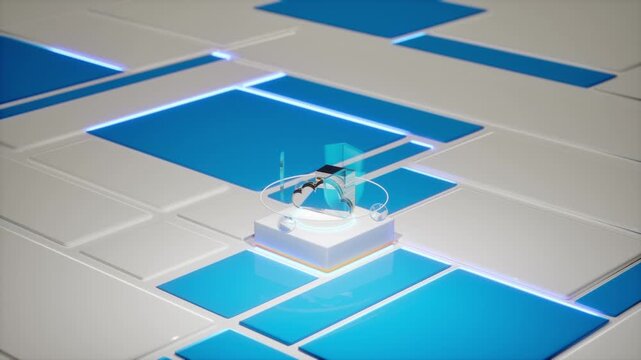 Cloud storage icon with flowing data streams rotates on a glowing blue high-tech pedestal with holographic ring. Perfect for cloud computing, data center, backup, server, big data, and SaaS content.