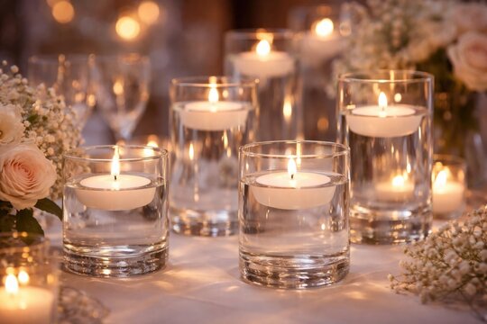 Softly lit floating candles in crystal clear glass containers for elegant parties
