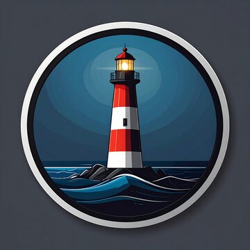 Minimalist Lighthouse at Night with Waves and Moonlit Ocean Vector Illustration