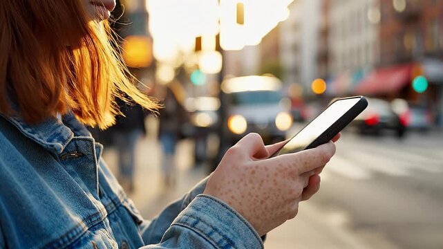 Close up of freckled hands holding a smartphone on a busy city street at sunset. Warm golden hour lighting creates a modern urban mood. Perfect for technology and lifestyle content.