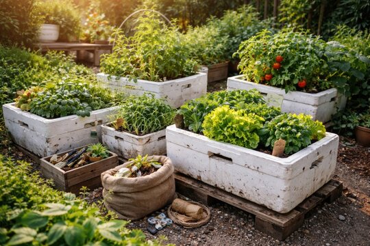 Waste minimizing garden setups featuring plant containers from reused styrofoam material
