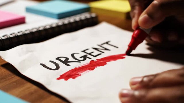 A hand holding a red marker encircles the word 'URGENT' on a piece of paper, signifying an important task or deadline that requires immediate attention and action within a busy workflow