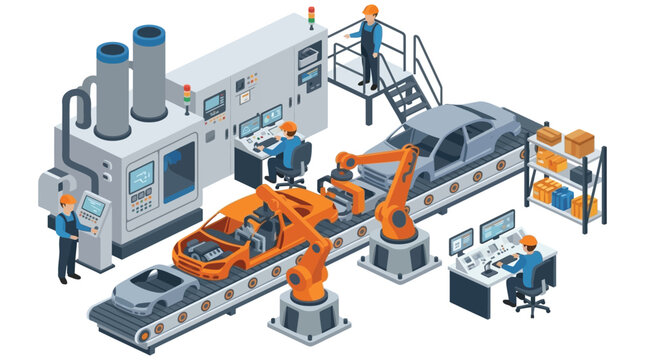 Automated car factory illustration with robotic arms and assembly line