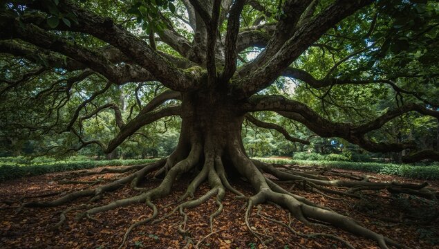 A tree showcasing detailed branching and roots extending broadly beneath