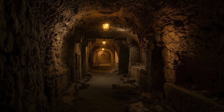 Mysterious Ancient Cave Passage with Lanterns Dimly Lit, Mystical Glow, Negative Space