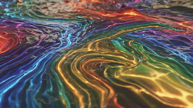 Vibrant abstract liquid texture with flowing colorful reflections and dynamic light patterns