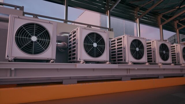 Long row of white outdoor HVAC air conditioner condenser units at an industrial facility. Perfect for HVAC, cooling, ventilation, climate control, air conditioning, and energy content.
