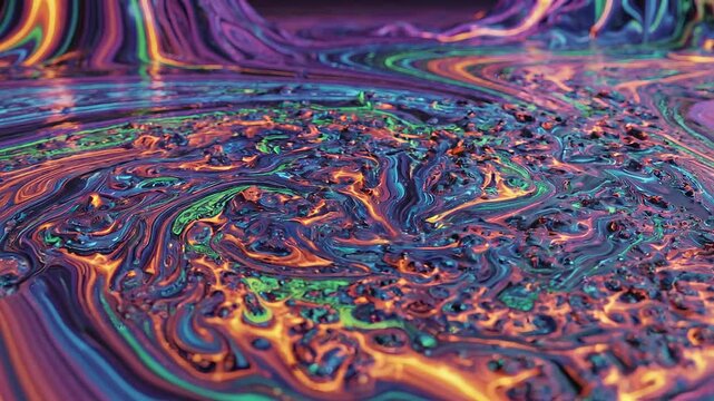 Colorful swirling abstract liquid art with vibrant patterns and glowing lava like texture in motion