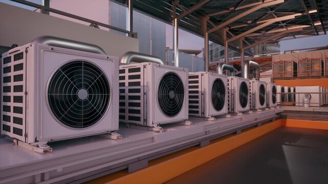 Long row of white outdoor HVAC air conditioner condenser units at an industrial facility. Perfect for HVAC, cooling, ventilation, climate control, air conditioning, and energy content.