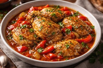 Fototapeta premium Plate presentation of chicken stew with red pepper pieces and herb seasoning