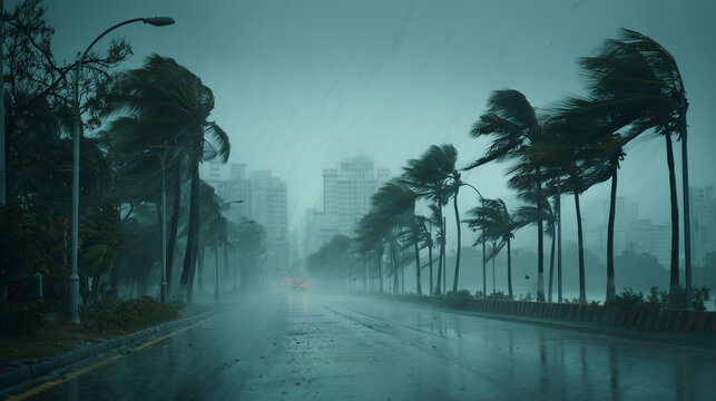 Tropical hurricane storm with strong wind bending palm trees on an empty city road ideal for climate disaster and extreme weather concepts