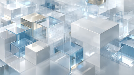 Obraz premium Abstract transparent geometric cubes floating in futuristic white space with reflective surfaces ideal for technology backgrounds and modern design