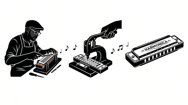 Harmonica Manufacturing and Repair Process Vector Illustration, Craftsman Tuning Reed Plates Line Art