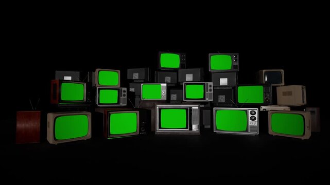 Stack of old vintage retro CRT televisions with green screens in a dark room, ready for chroma key compositing. Perfect for retro, 80s, 90s, nostalgia, media, and broadcast content templates.