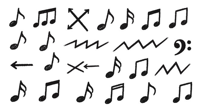 Hand-drawn chalk style musical notes and symbols collection on a clean white background, vector illustration featuring treble clef, quavers, and staff lines for creative designs.