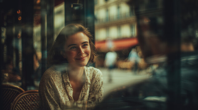 Young smiling woman sitting in cozy cafe near window with cinematic reflections and warm evening atmosphere for lifestyle and urban storytelling concepts