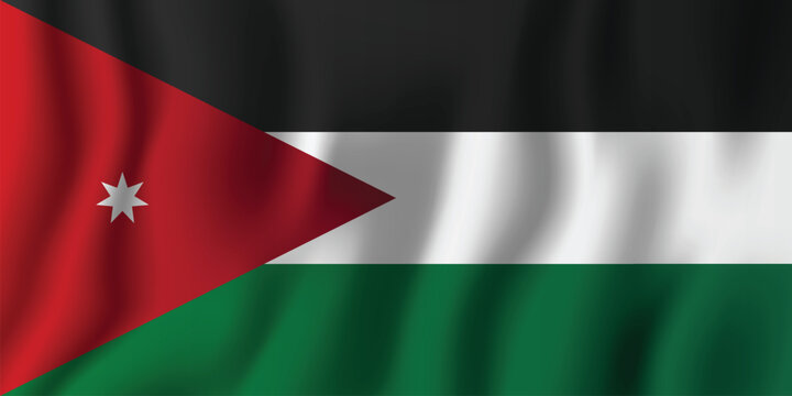 Waving flag of Jordan with black white and green horizontal stripes and red triangle