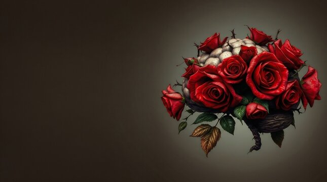 Surreal dark concept illustration of a human brain overgrown with vibrant red roses and sharp thorns, representing psychology, mental health, passion, and trauma