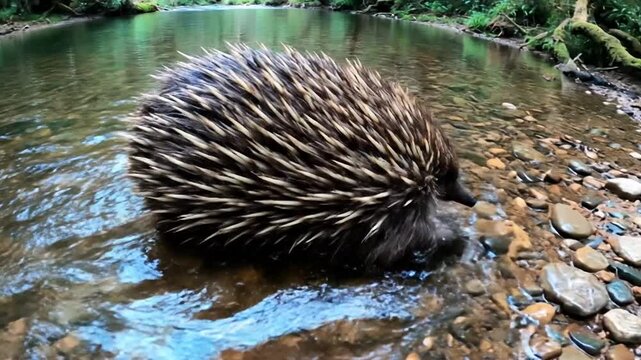 Echidna Wading Through a Shallow Forest Stream