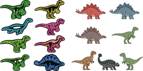 Diverse Cartoon Dinosaur Vector Collection Featuring Stegosaurus Ankylosaurus and Colorful Neon Skeleton Glow Effect Style Graphics for Children Education Toys Patches and Creative TShirt Designs © Mdsurjo